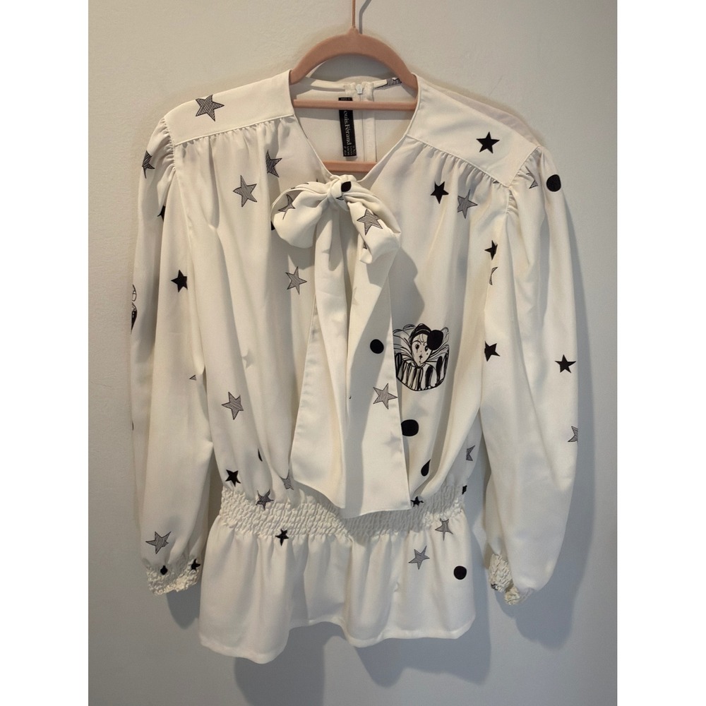 RARE Vintage 80s Louis Feraud Harlequin Clown Star Pussybow Blouse
